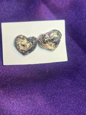 Gold and Black Stone Heart Shaped Resin Stud Earrings